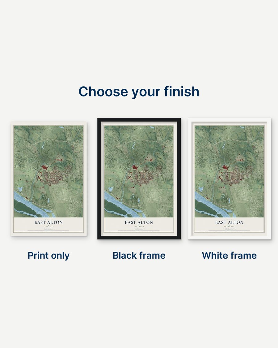 The East Alton, Illinois map as a print only, in a black frame and in a white frame