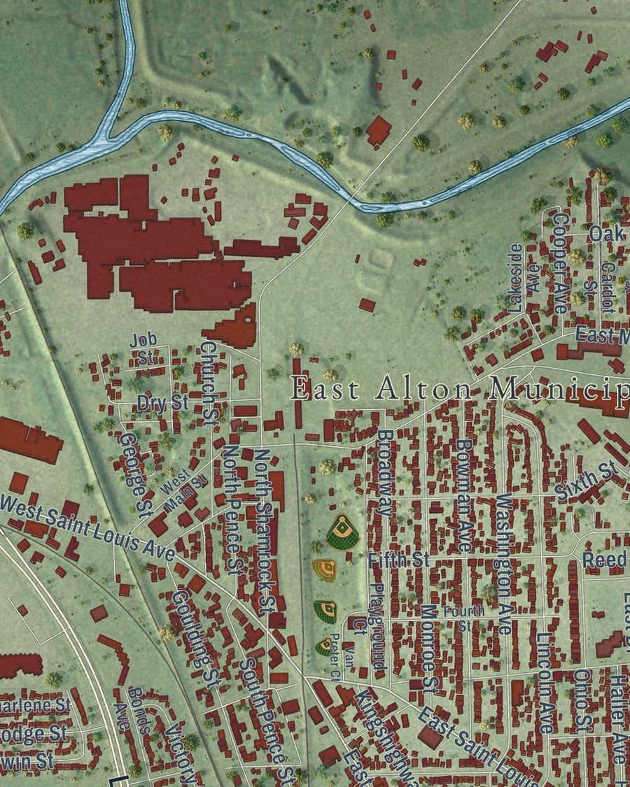 Close-up of East Alton streets on the map