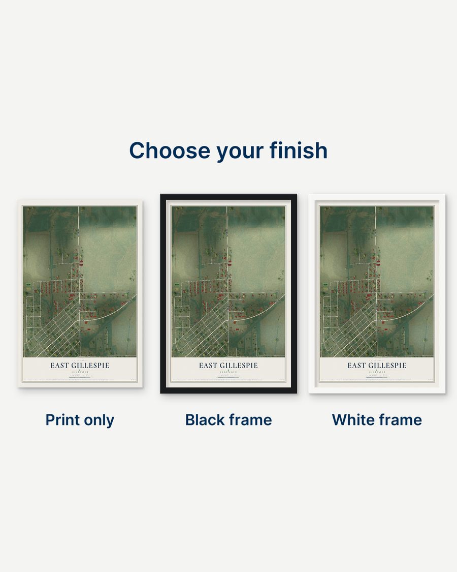 The East Gillespie, Illinois map as a print only, in a black frame and in a white frame