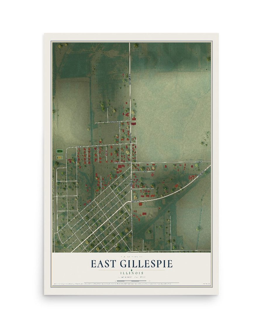 East Gillespie, Illinois map print, 12 x 18 in, print only