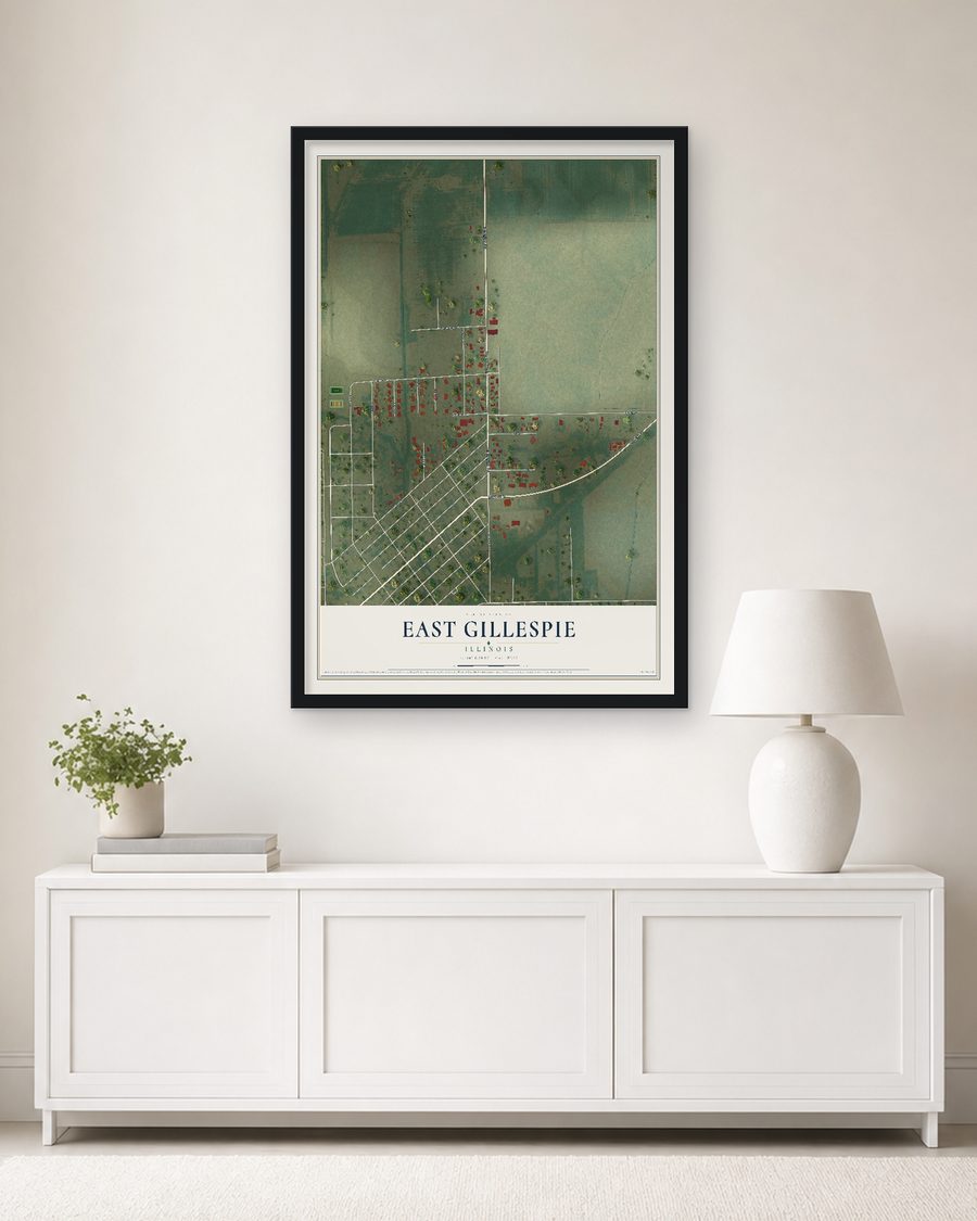 The East Gillespie, Illinois map, 24 x 36 in, in a black wood frame on a living room wall