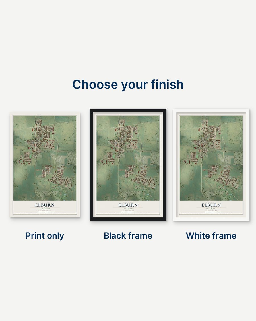 The Elburn, Illinois map as a print only, in a black frame and in a white frame