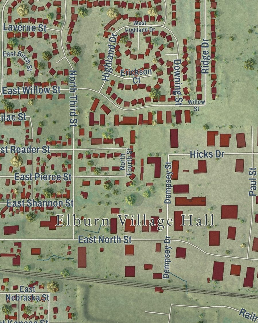 Close-up of Elburn streets on the map