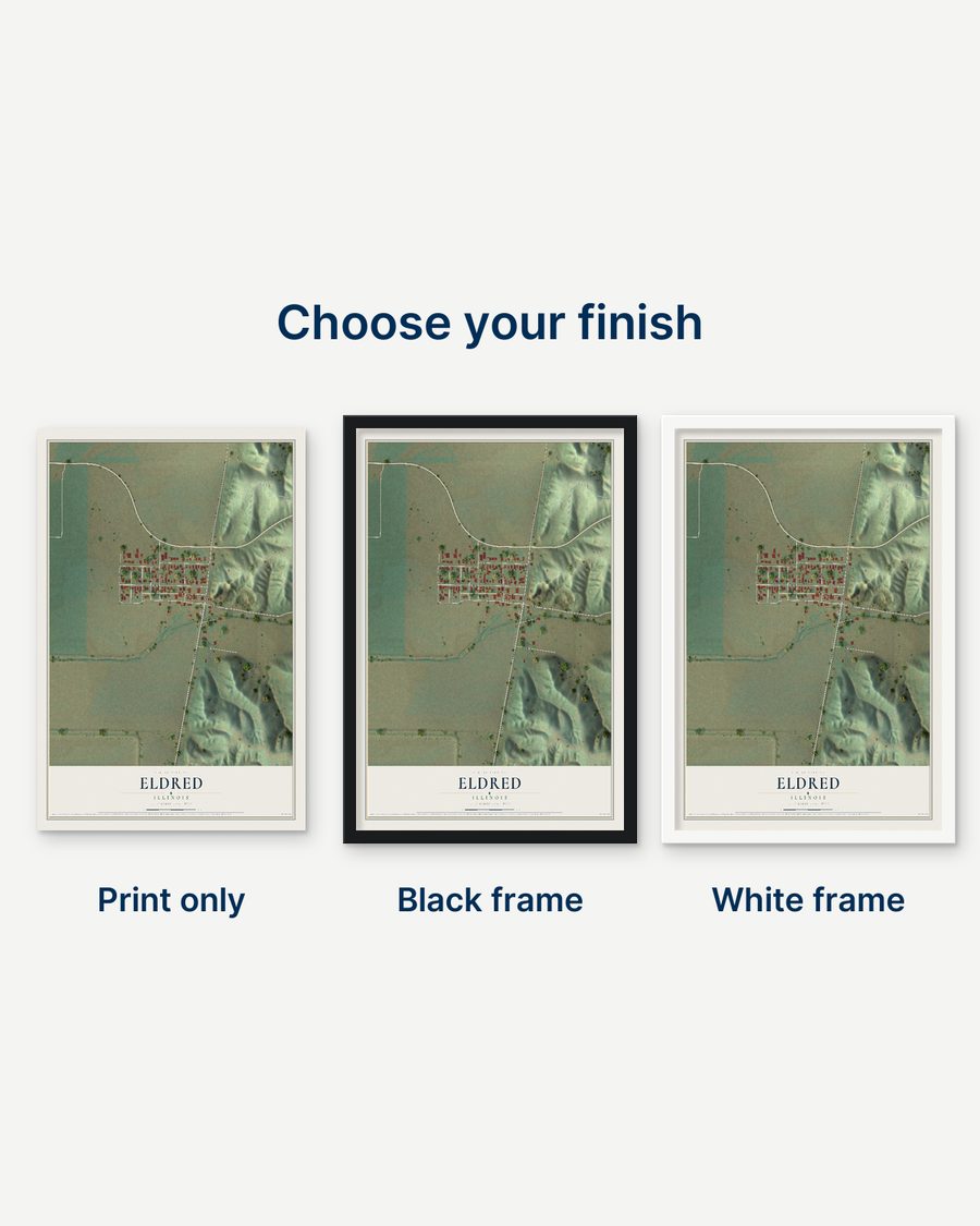The Eldred, Illinois map as a print only, in a black frame and in a white frame