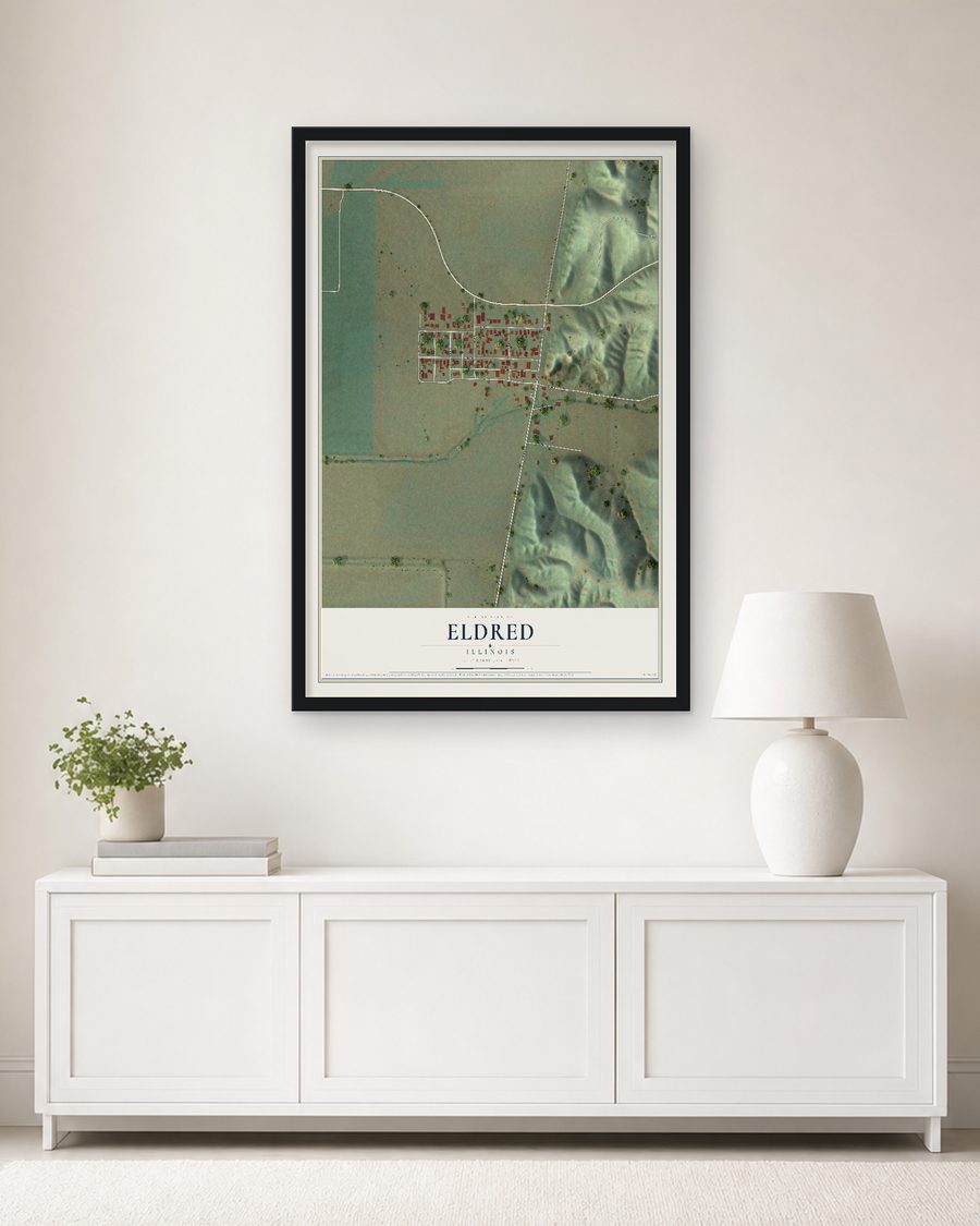 The Eldred, Illinois map, 24 x 36 in, in a black wood frame on a living room wall