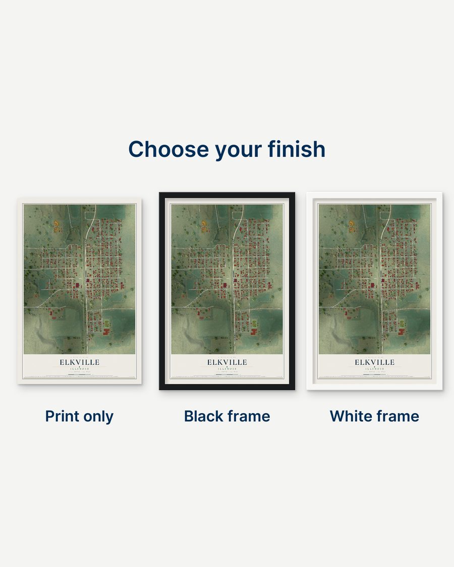 The Elkville, Illinois map as a print only, in a black frame and in a white frame