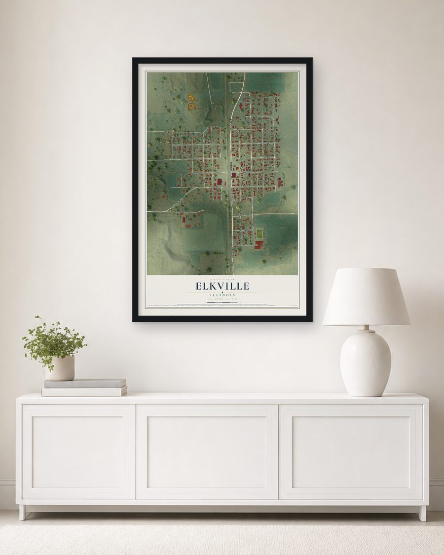 The Elkville, Illinois map, 24 x 36 in, in a black wood frame on a living room wall