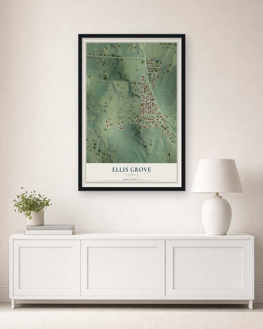 The Ellis Grove, Illinois map, 24 x 36 in, in a black wood frame on a living room wall