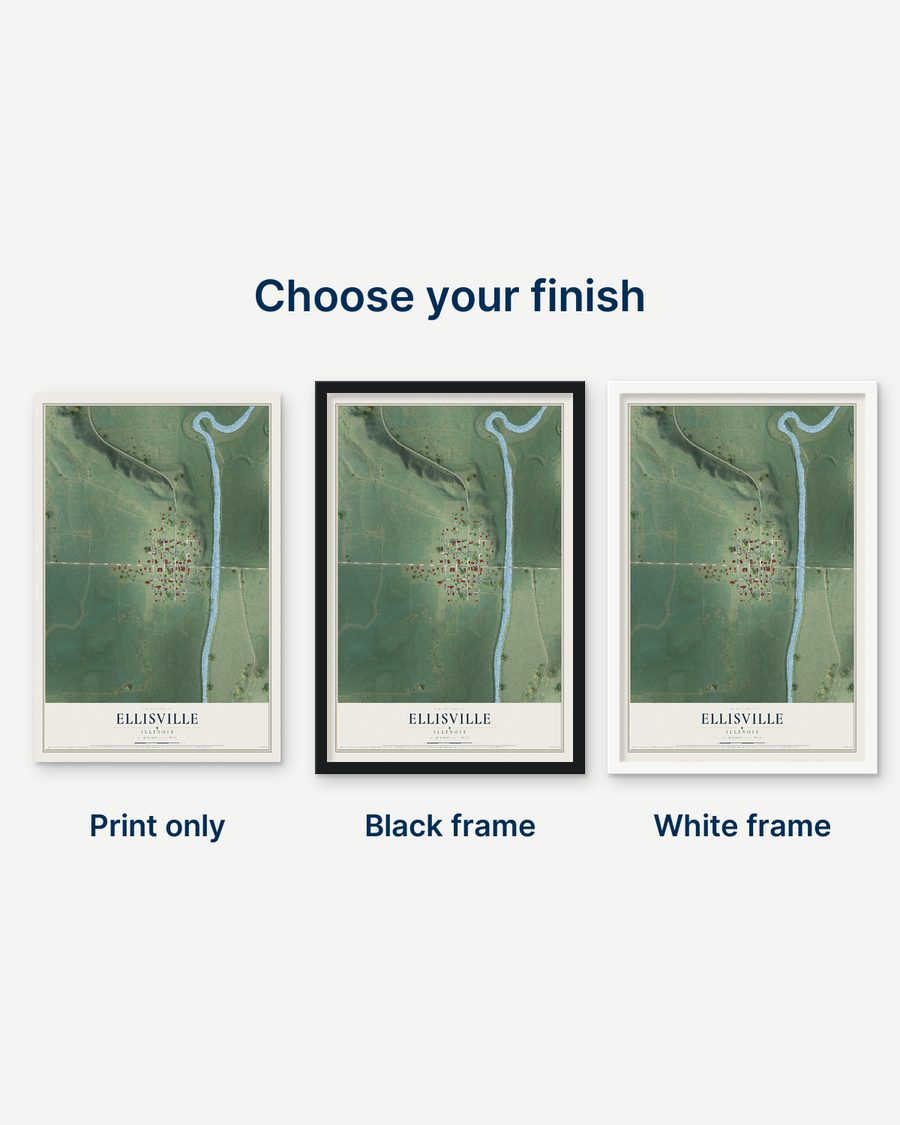 The Ellisville, Illinois map as a print only, in a black frame and in a white frame