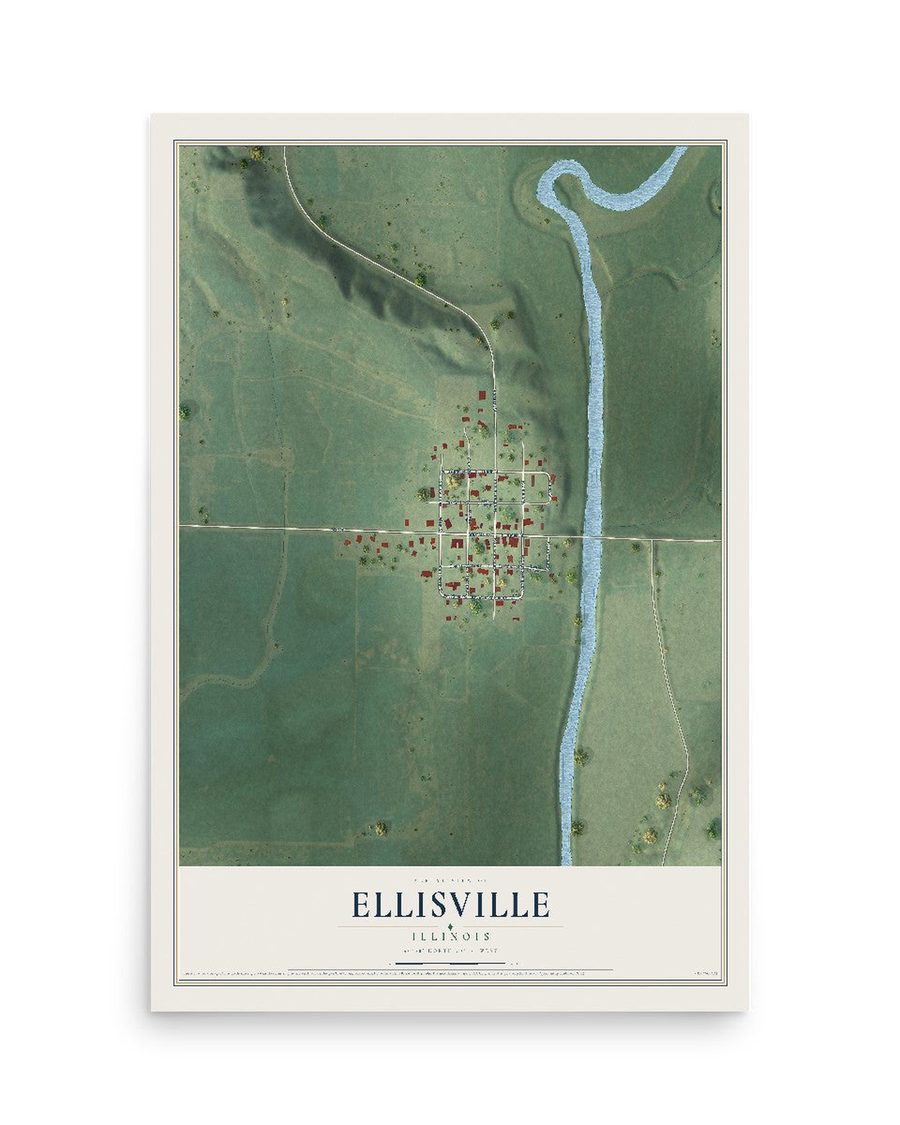 Ellisville, Illinois map print, 12 x 18 in, print only