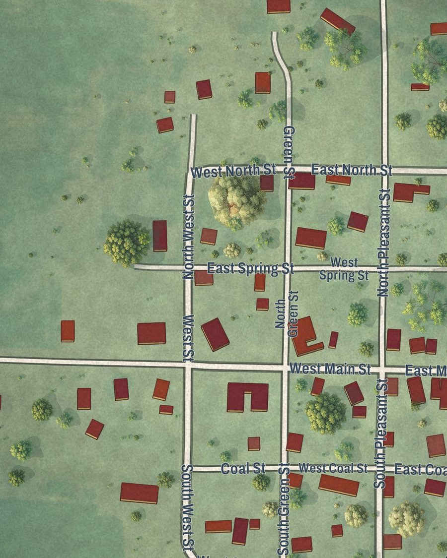 Close-up of Ellisville streets on the map