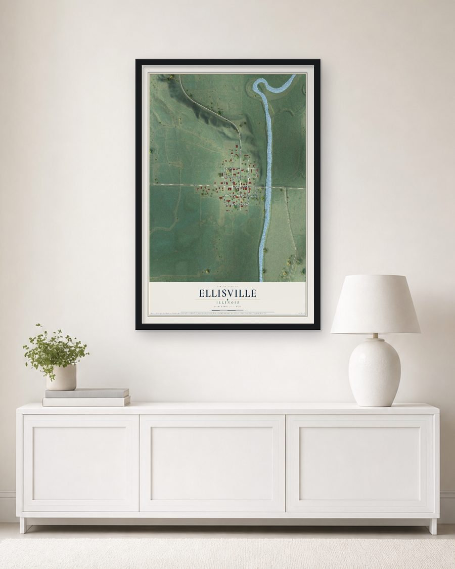 The Ellisville, Illinois map, 24 x 36 in, in a black wood frame on a living room wall