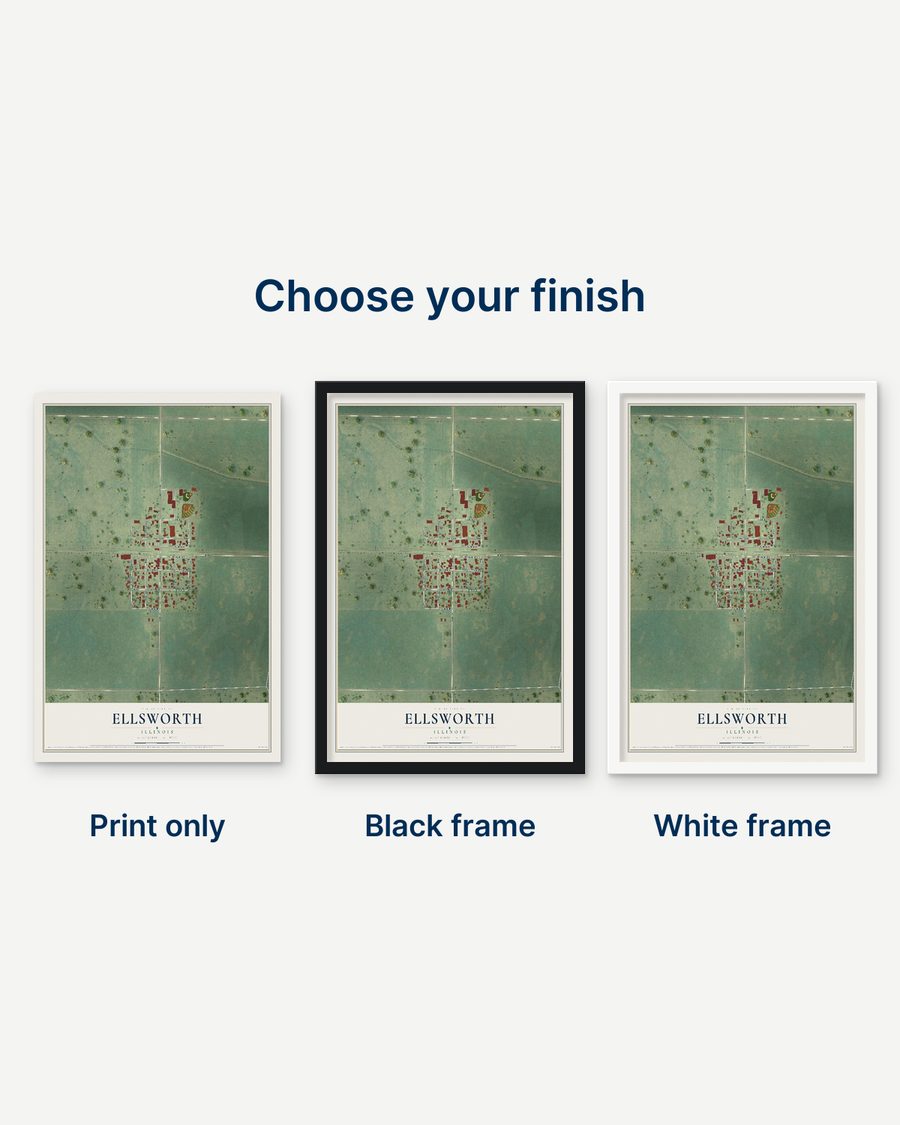 The Ellsworth, Illinois map as a print only, in a black frame and in a white frame