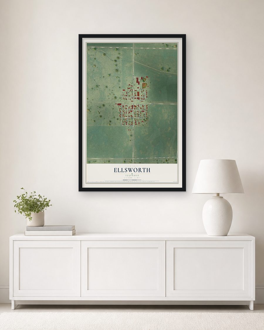 The Ellsworth, Illinois map, 24 x 36 in, in a black wood frame on a living room wall