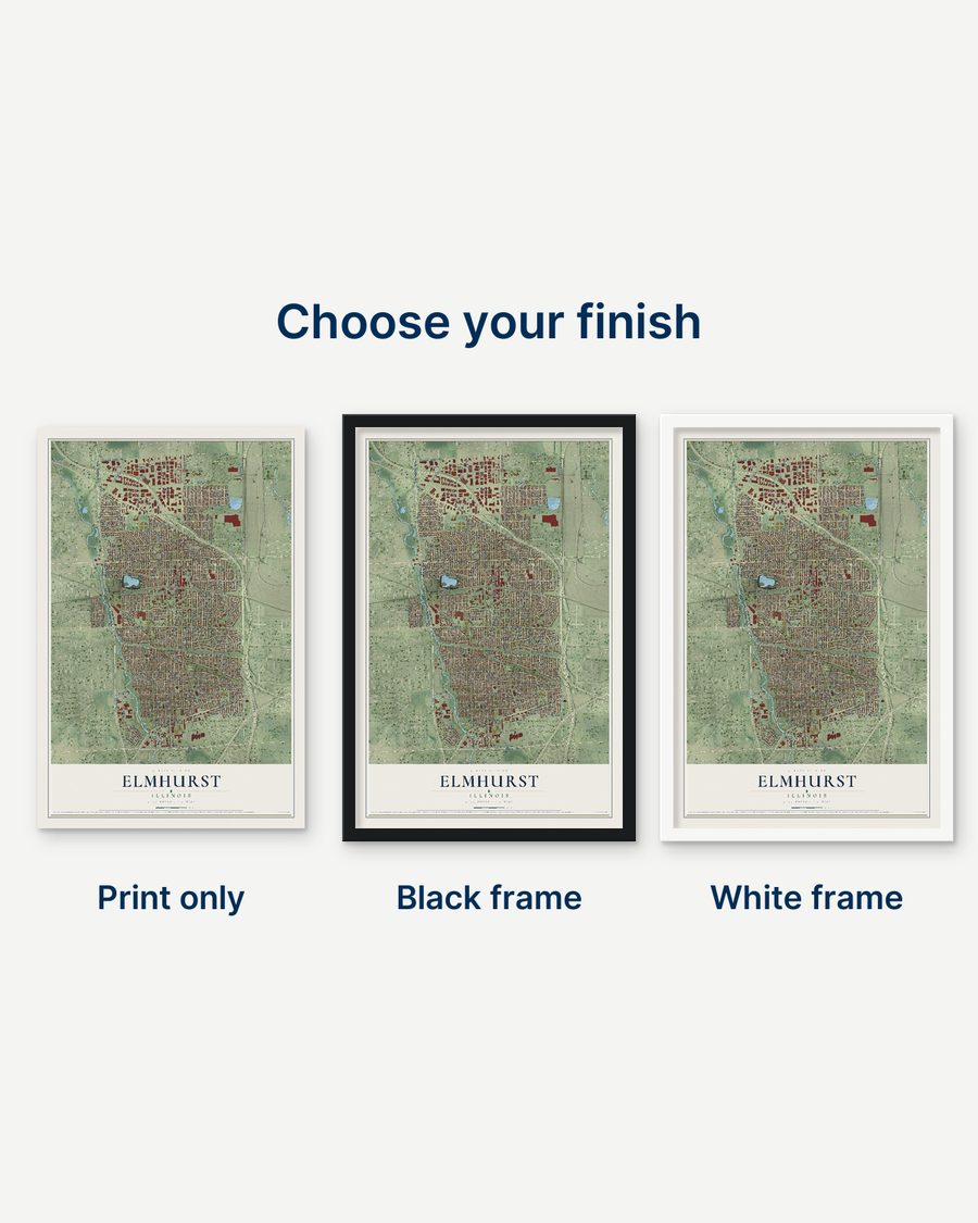 The Elmhurst, Illinois map as a print only, in a black frame and in a white frame