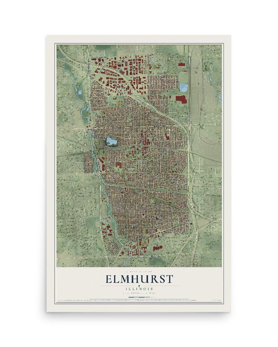 Elmhurst, Illinois map print, 12 x 18 in, print only