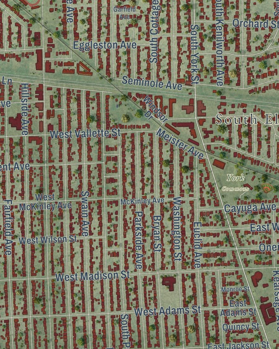 Close-up of Elmhurst streets on the map