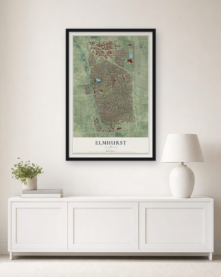 The Elmhurst, Illinois map, 24 x 36 in, in a black wood frame on a living room wall