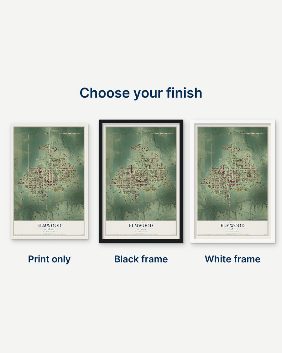 The Elmwood, Illinois map as a print only, in a black frame and in a white frame