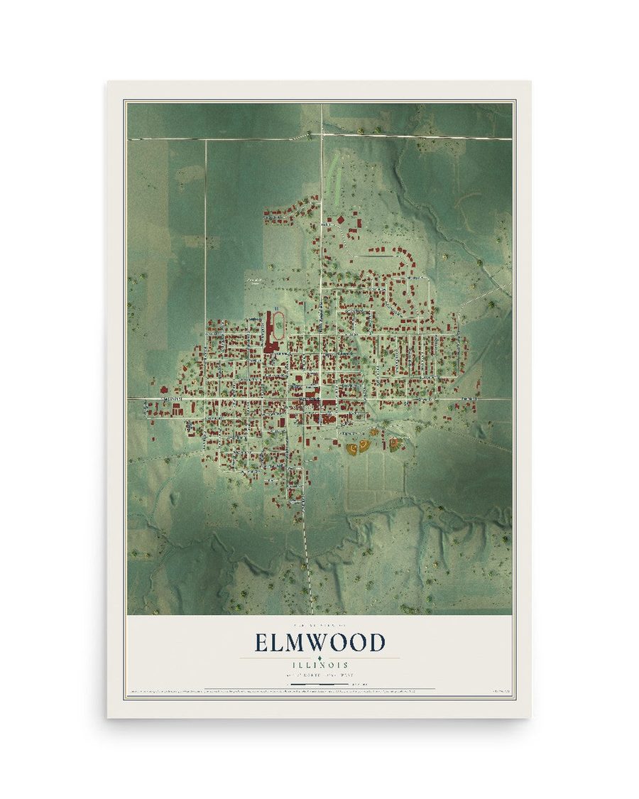 Elmwood, Illinois map print, 12 x 18 in, print only