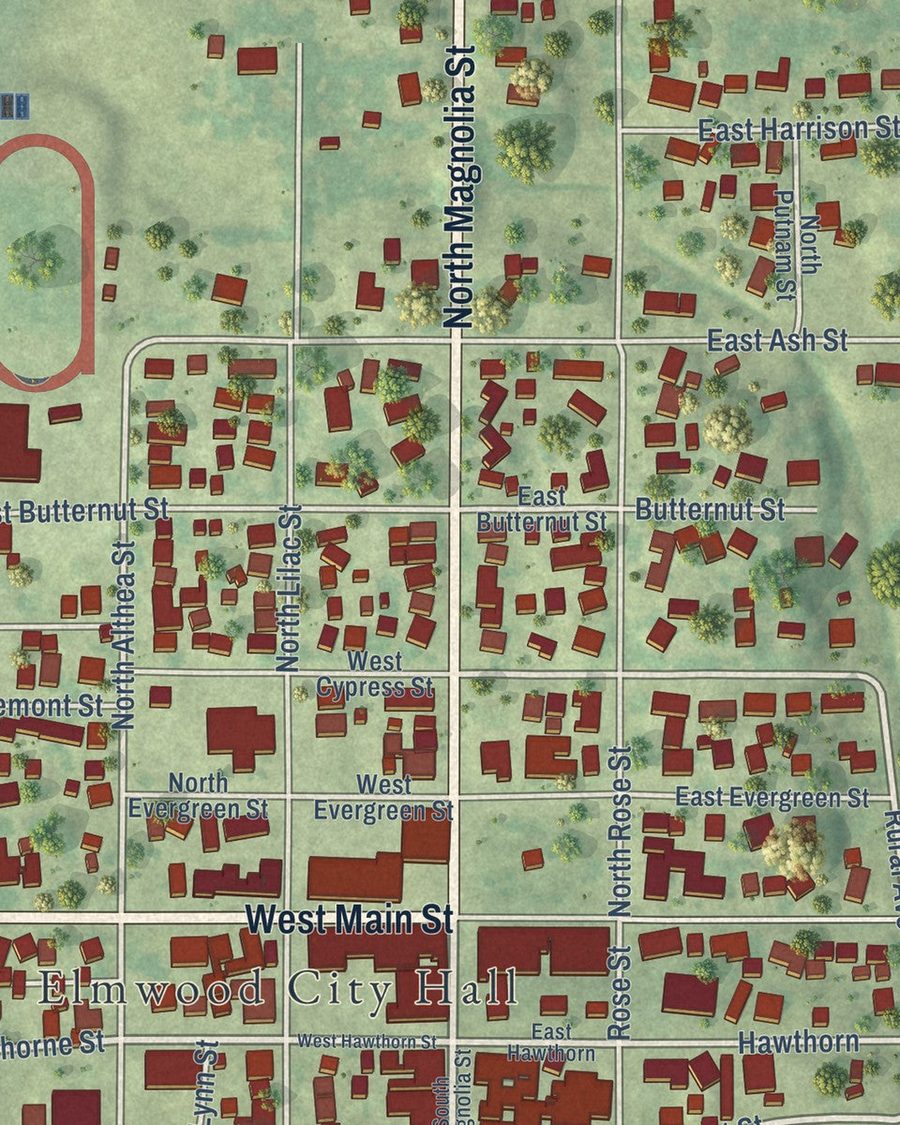 Close-up of Elmwood streets on the map