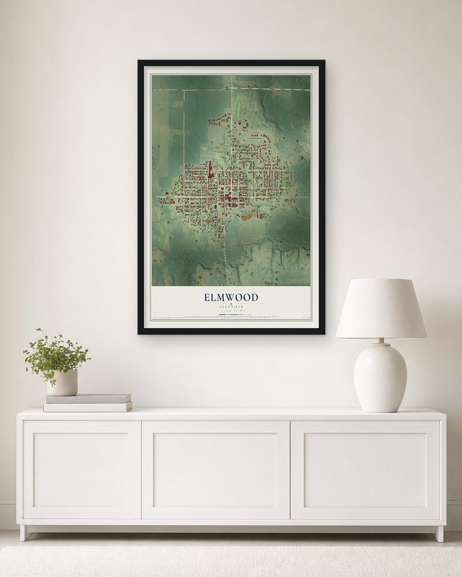 The Elmwood, Illinois map, 24 x 36 in, in a black wood frame on a living room wall