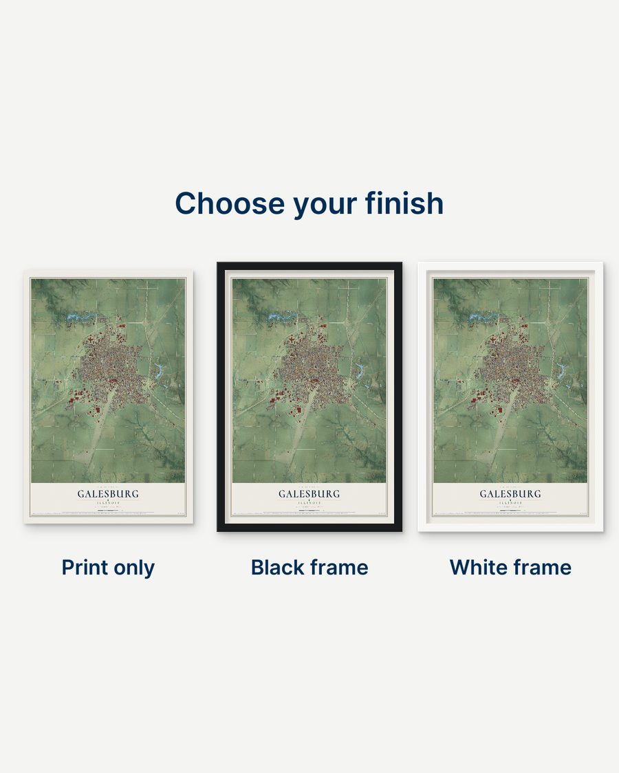 The Galesburg, Illinois map as a print only, in a black frame and in a white frame