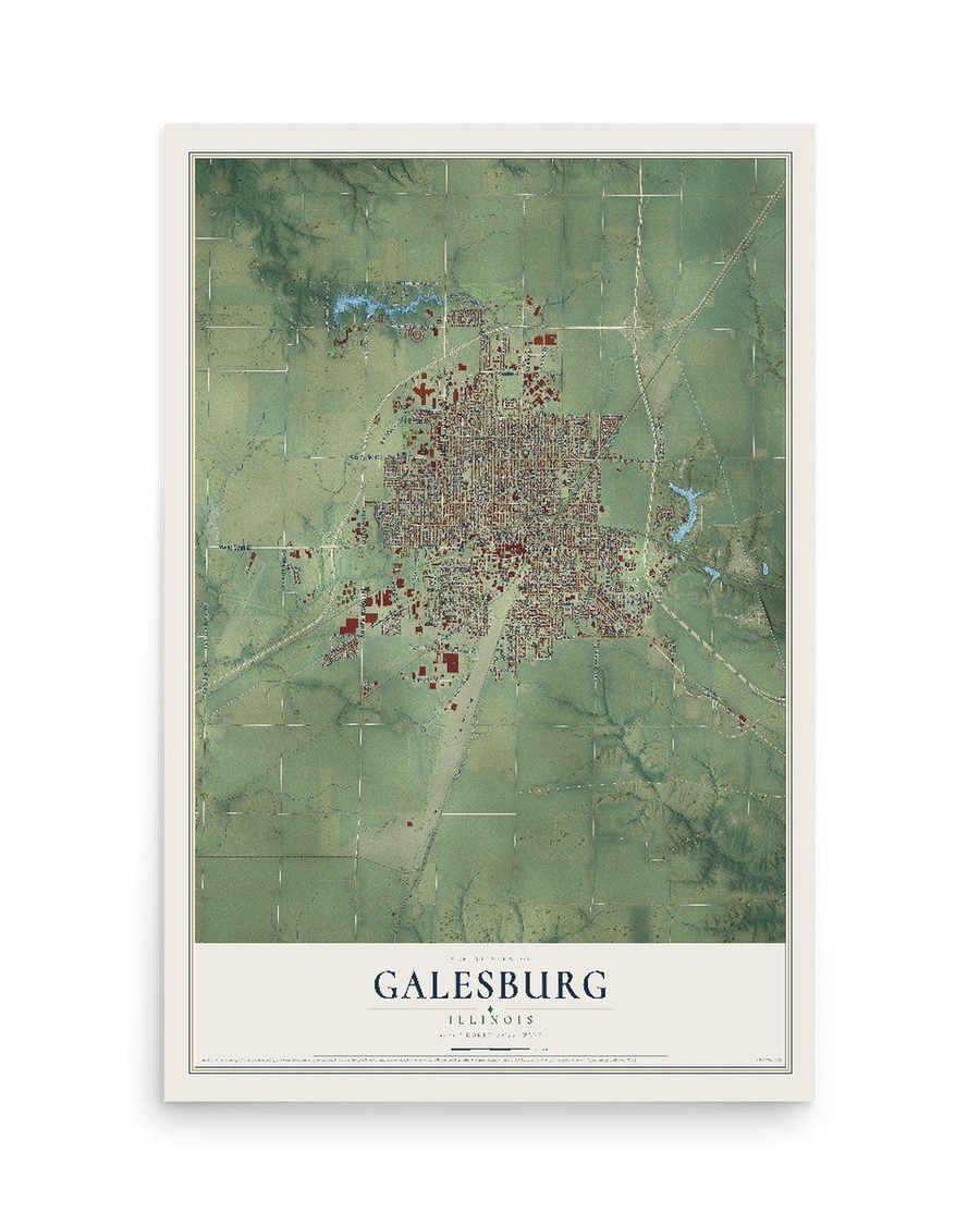Galesburg, Illinois map print, 12 x 18 in, print only