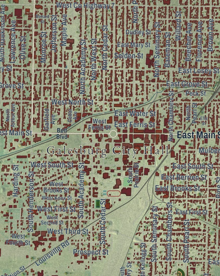 Close-up of Galesburg streets on the map
