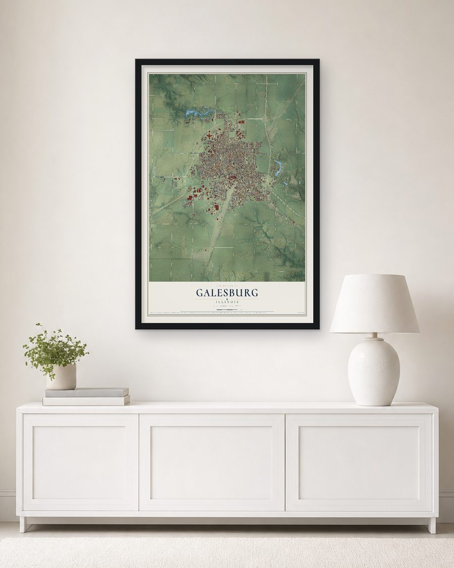 The Galesburg, Illinois map, 24 x 36 in, in a black wood frame on a living room wall