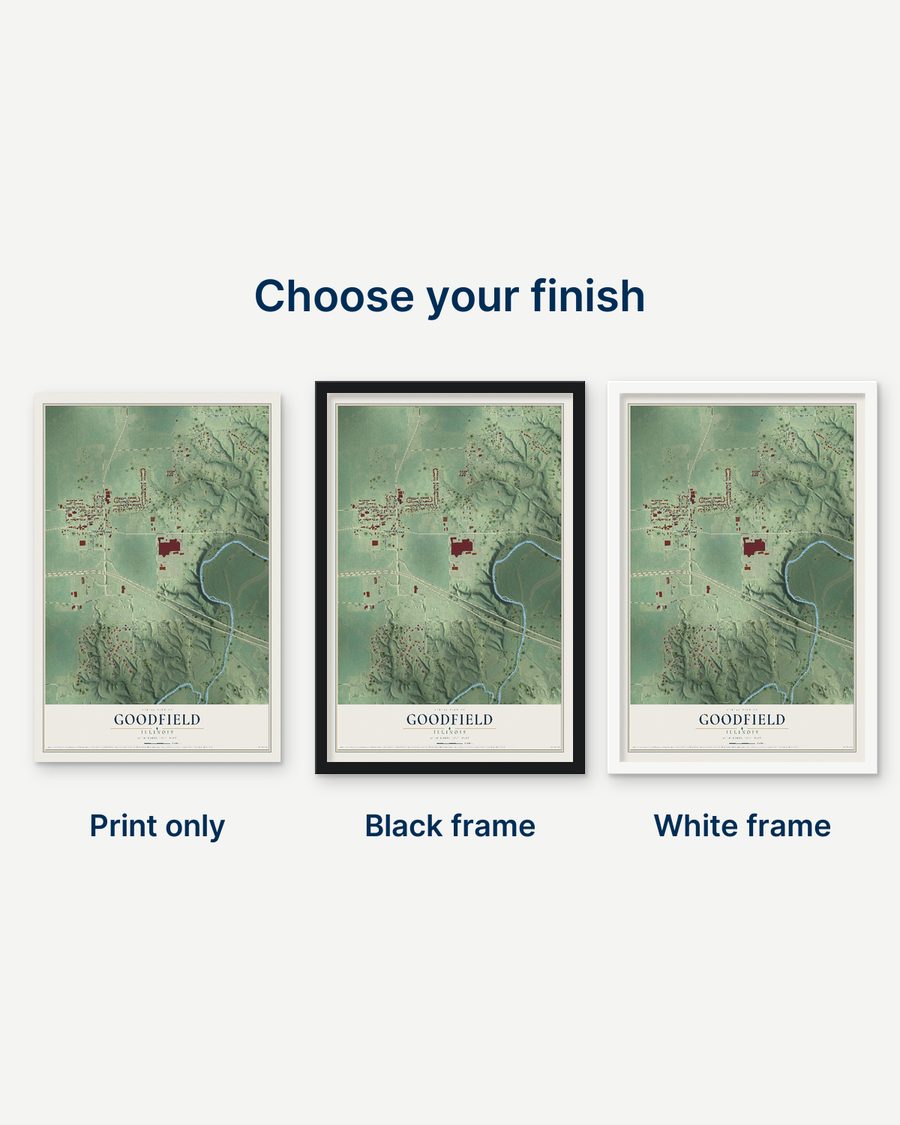 The Goodfield, Illinois map as a print only, in a black frame and in a white frame