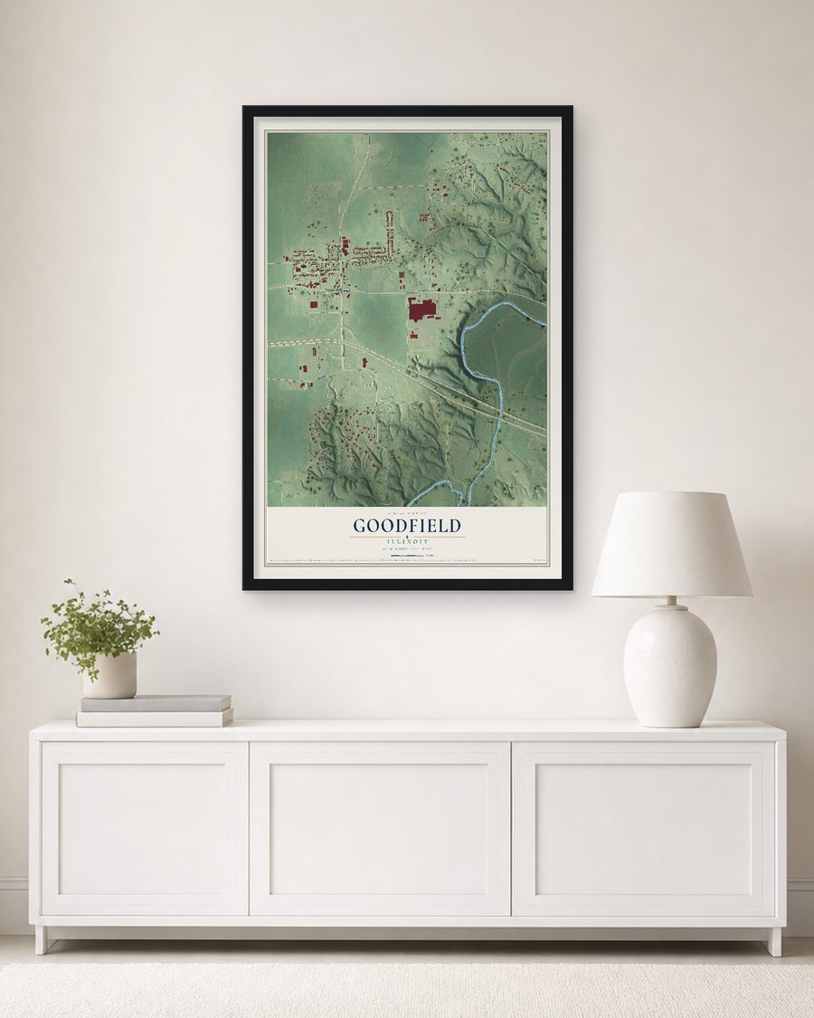 The Goodfield, Illinois map, 24 x 36 in, in a black wood frame on a living room wall