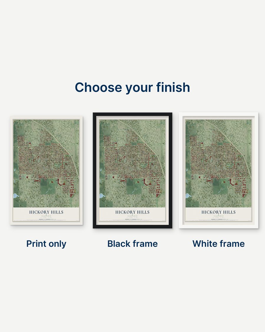 The Hickory Hills, Illinois map as a print only, in a black frame and in a white frame