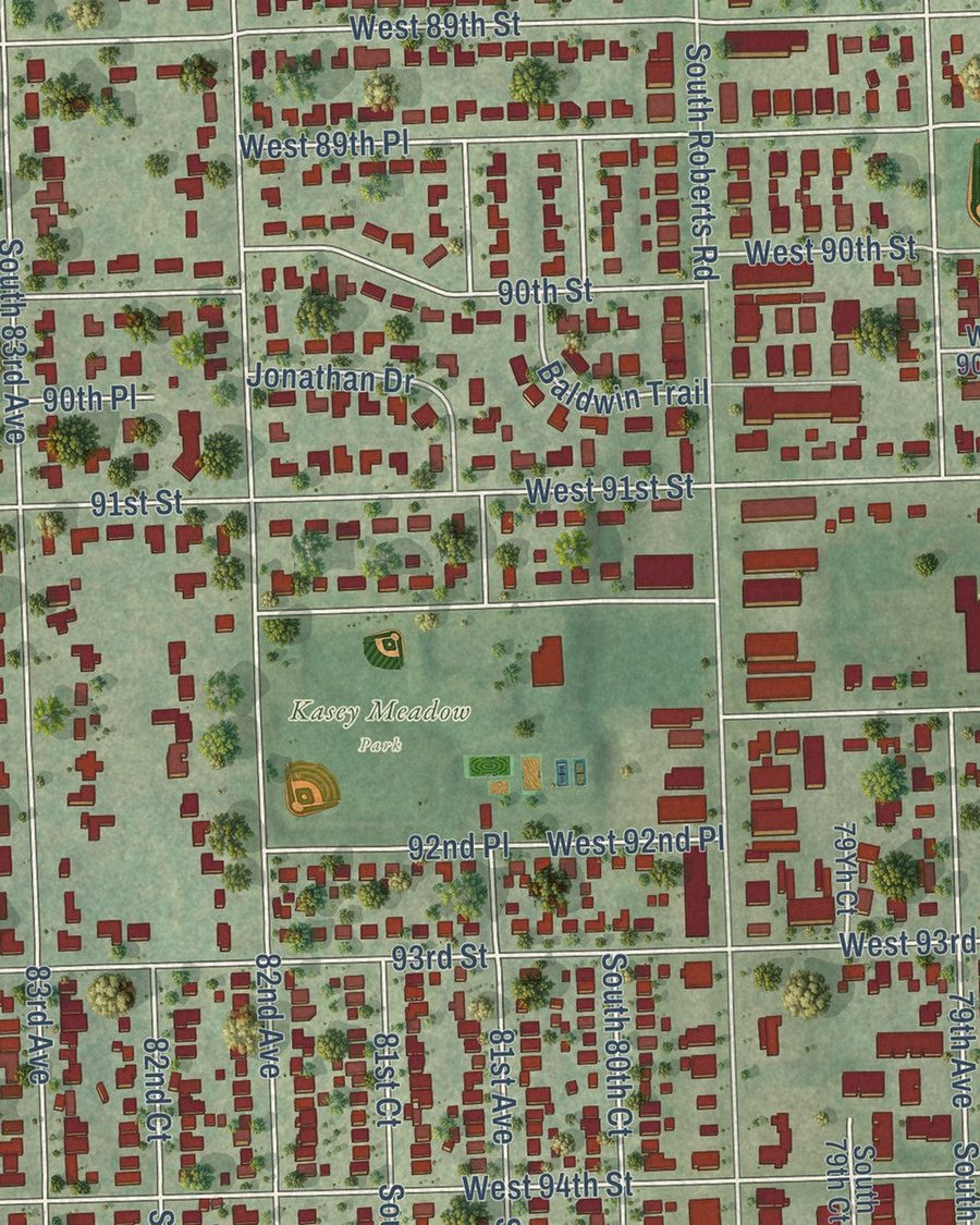 Close-up of Hickory Hills streets on the map