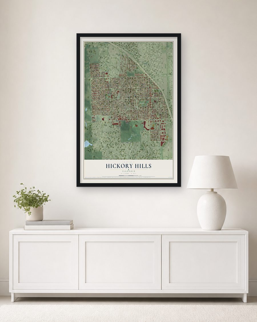 The Hickory Hills, Illinois map, 24 x 36 in, in a black wood frame on a living room wall