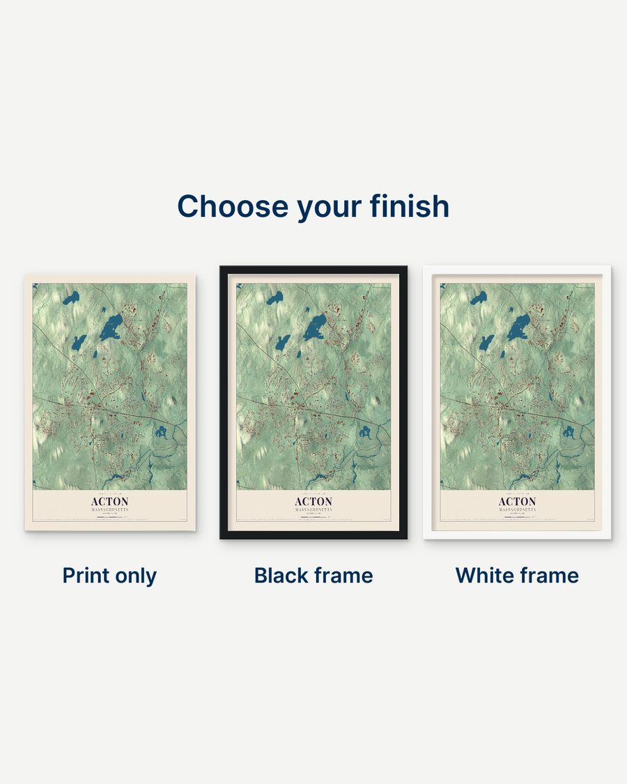 The Acton, Massachusetts map as a print only, in a black frame and in a white frame