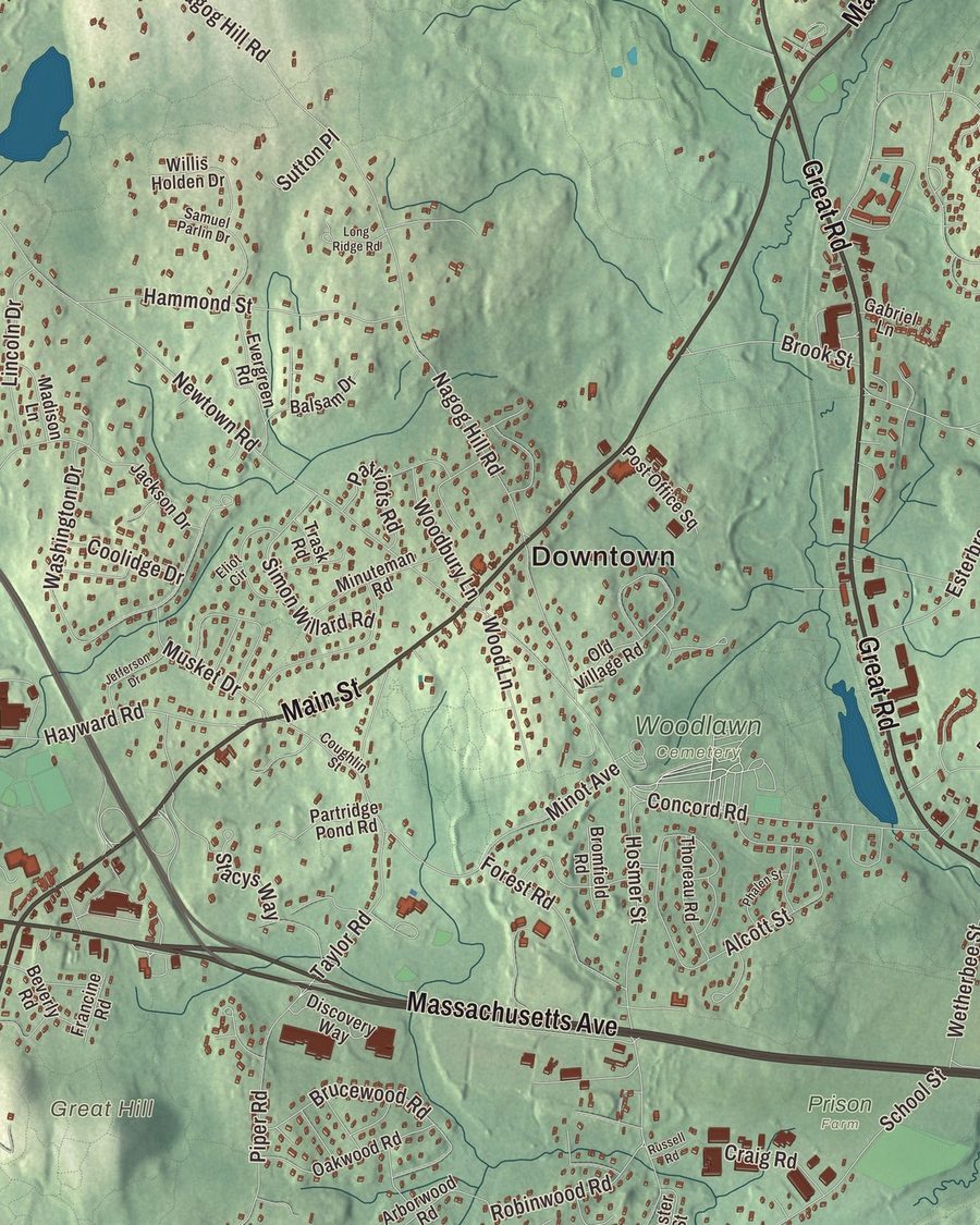 Close-up of Acton streets on the map