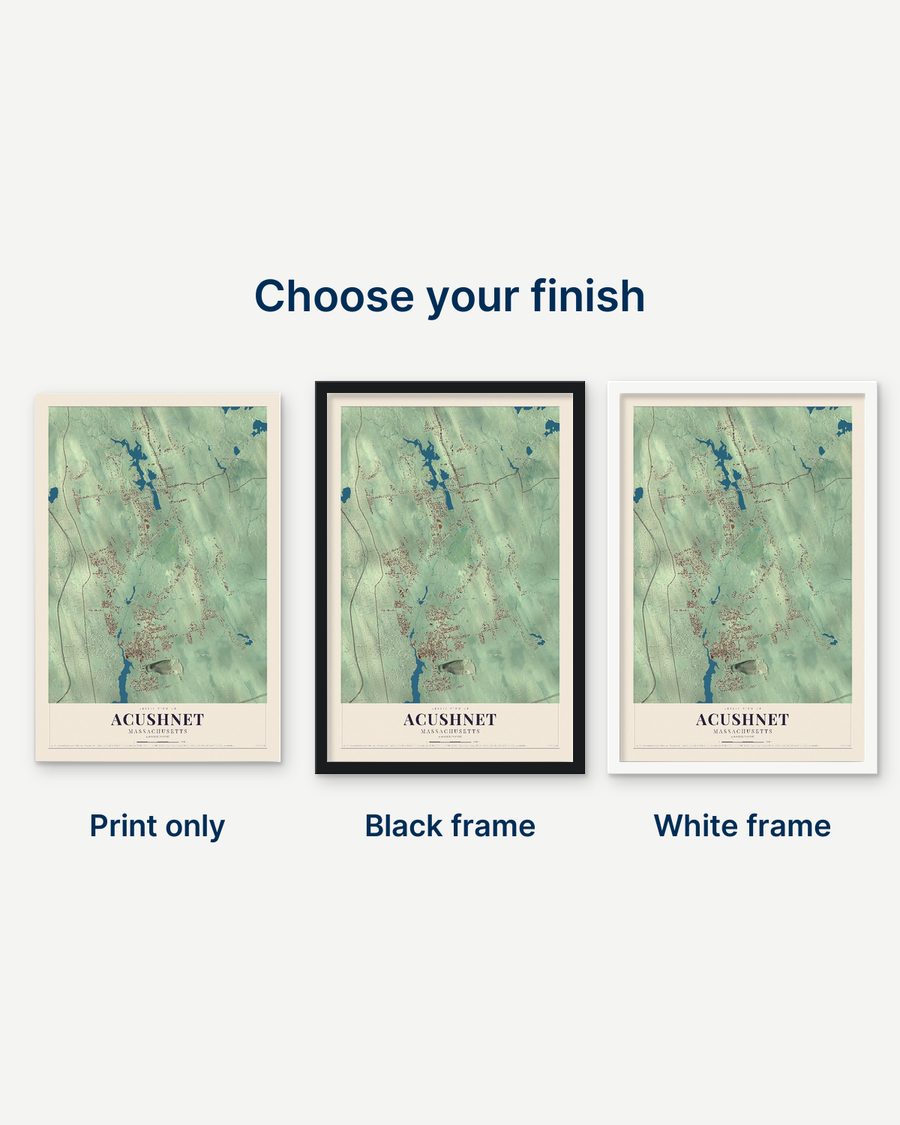 The Acushnet, Massachusetts map as a print only, in a black frame and in a white frame