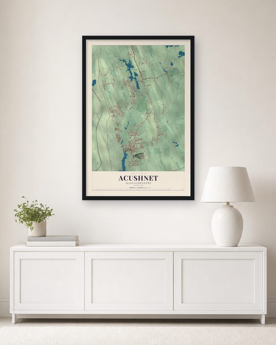 The Acushnet, Massachusetts map, 24 x 36 in, in a black wood frame on a living room wall