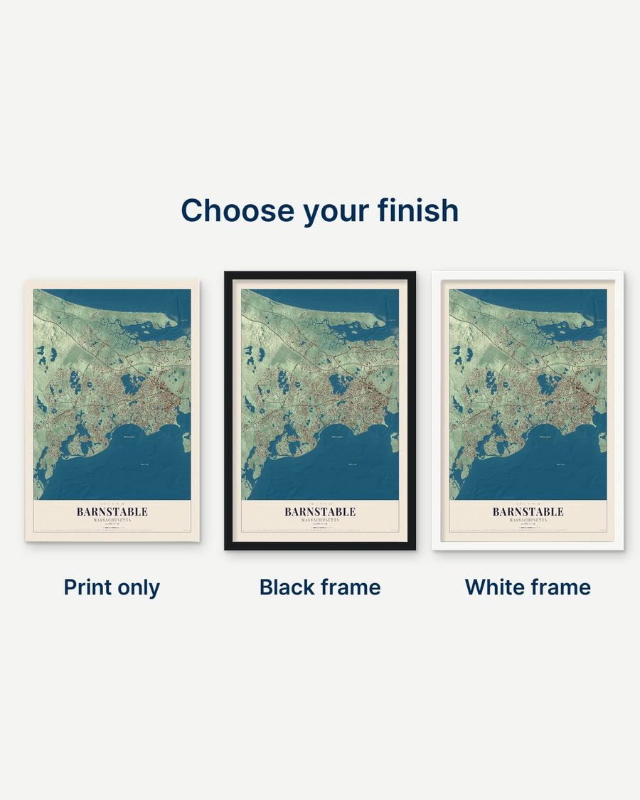The Barnstable, Massachusetts map as a print only, in a black frame and in a white frame