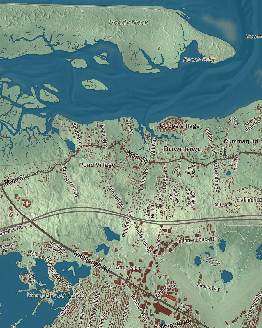 Close-up of Barnstable streets on the map