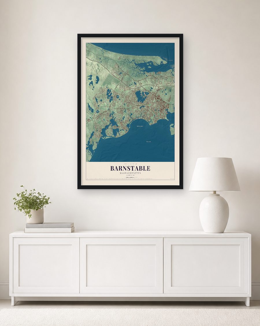 The Barnstable, Massachusetts map, 24 x 36 in, in a black wood frame on a living room wall