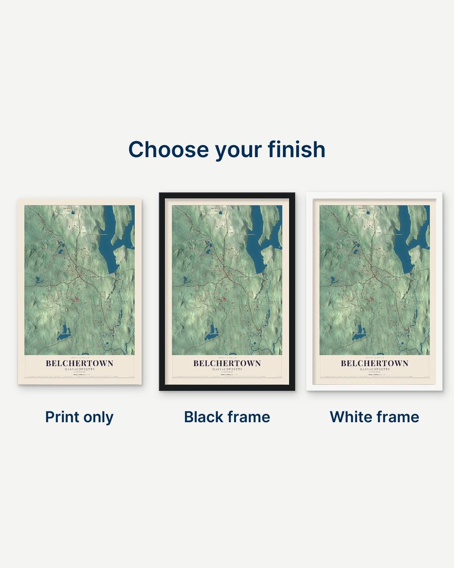 The Belchertown, Massachusetts map as a print only, in a black frame and in a white frame