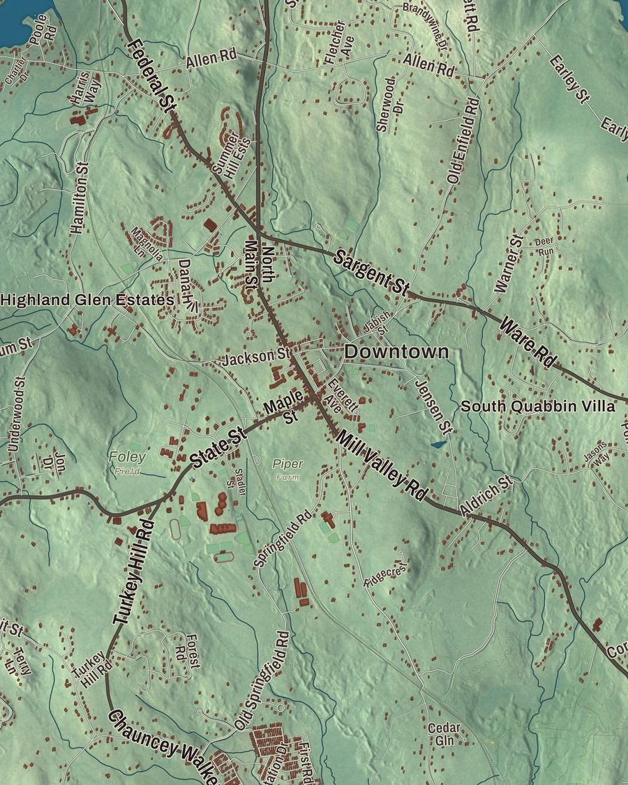 Close-up of Belchertown streets on the map