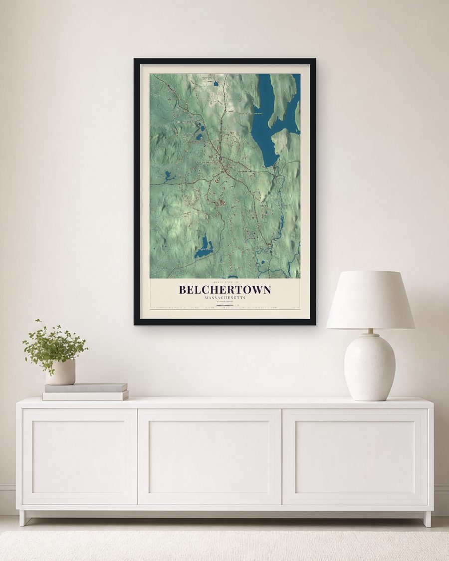 The Belchertown, Massachusetts map, 24 x 36 in, in a black wood frame on a living room wall