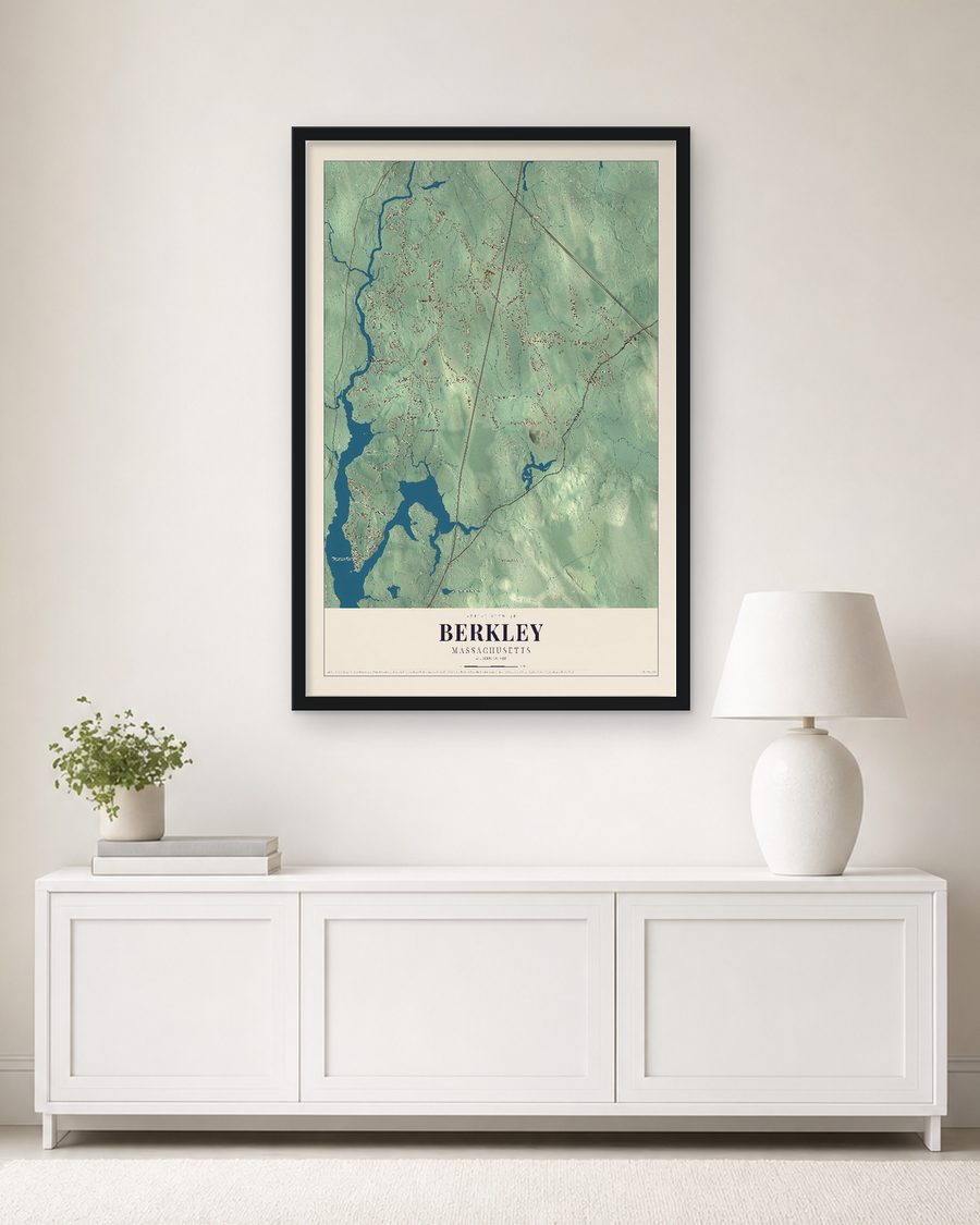 The Berkley, Massachusetts map, 24 x 36 in, in a black wood frame on a living room wall