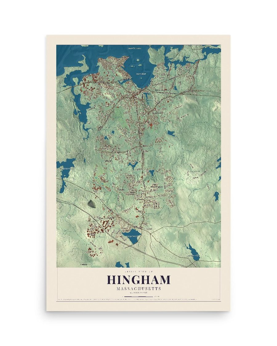 Hingham, Massachusetts map print, 12 x 18 in, print only