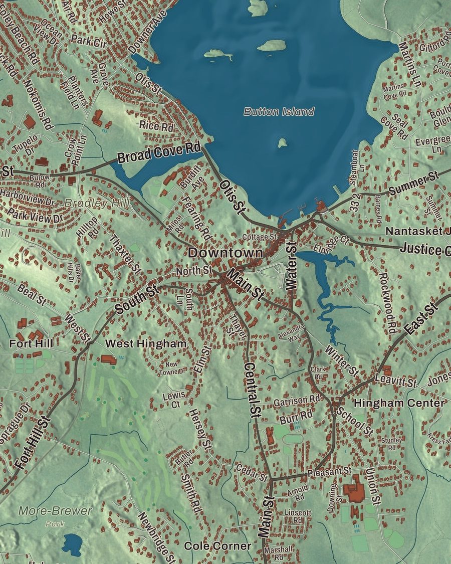Close-up of Hingham streets on the map