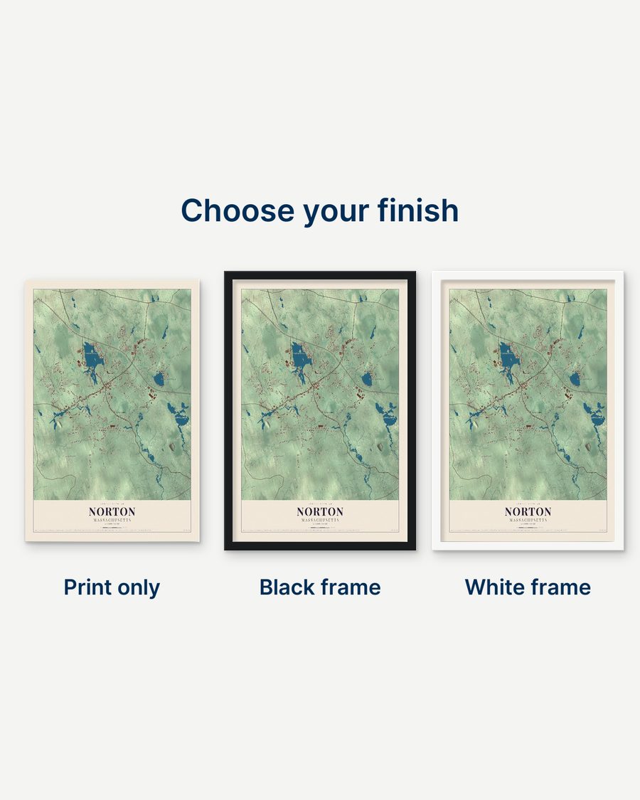 The Norton, Massachusetts map as a print only, in a black frame and in a white frame