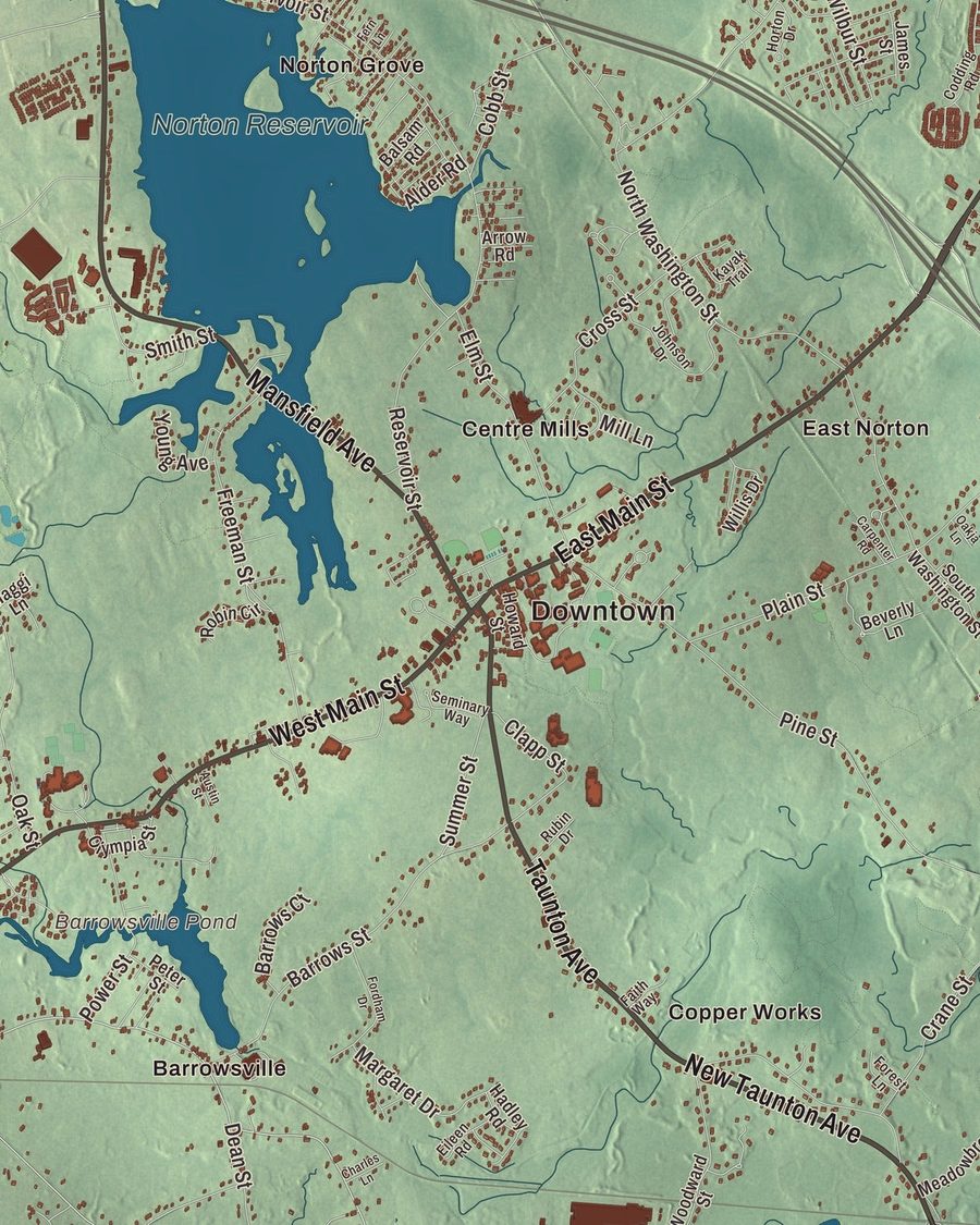 Close-up of Norton streets on the map